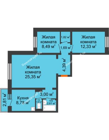 3 комнатная квартира 70,32 м² в Микрорайон Нанжуль-Солнечный, дом № 5