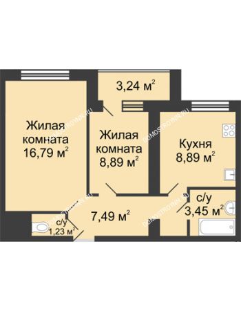 2 комнатная квартира 48,36 м² в ЖК Удачный, дом № 3