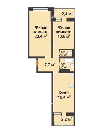 2 комнатная квартира 74,2 м² в ЖК Сказка Град, дом Литер 1
