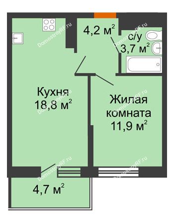 1 комнатная квартира 38,6 м² в ЖК Отражение, дом Литер 1.2