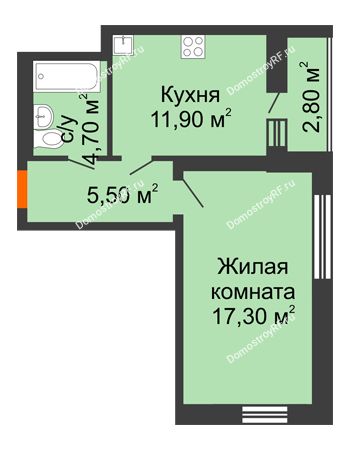 1 комнатная квартира 40,8 м² в ЖК Шестое чувство, дом 2 очередь 3 позиция