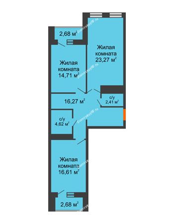 3 комнатная квартира 80,57 м² в ЖК Столичный, дом корпус А, блок-секция 1,2,3