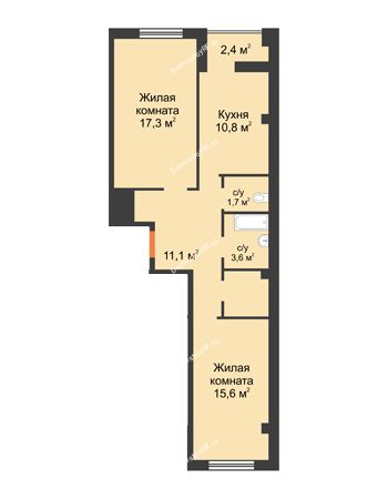 2 комнатная квартира 64 м² в ЖК На Ватутина, дом ГП 1.1,1.2,1.3