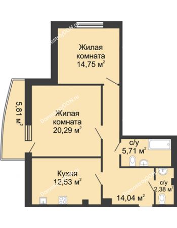 2 комнатная квартира 75,6 м² в ЖК Тихий Дон, дом № 1