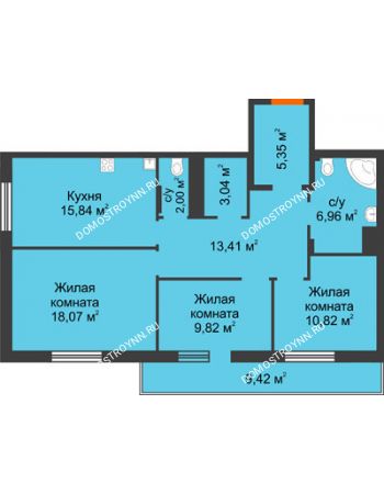 3 комнатная квартира 89,5 м² в ЖК Циолковский, дом № 2
