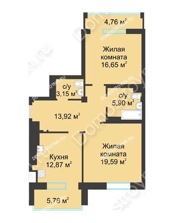 2 комнатная квартира 77,34 м² в ЖК Воскресенская слобода, дом №1