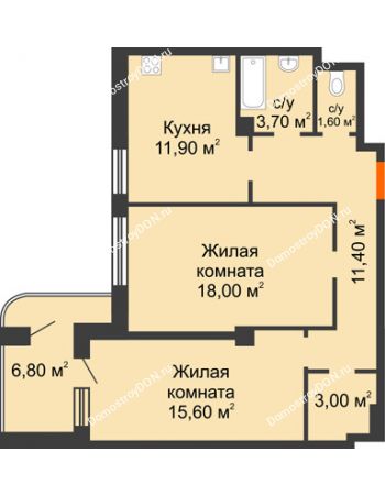 2 комнатная квартира 72 м² в ЖК Парк Островского 2, дом № 1