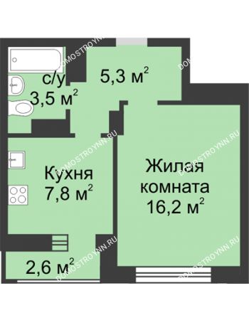 1 комнатная квартира 34,1 м² в ЖК Аквамарин, дом № 5