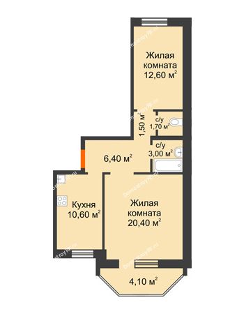 2 комнатная квартира 57,67 м² - ЖК Сэлфорт