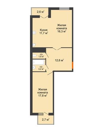 2 комнатная квартира 65,3 м² в ЖК Перемена, дом Литер 2