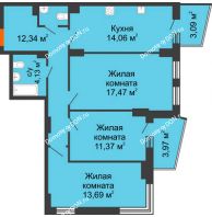 3 комнатная квартира 77,55 м² в ЖК Город у реки, дом Литер 8 - планировка