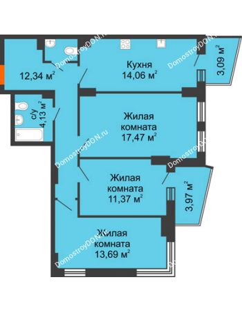3 комнатная квартира 77,55 м² в ЖК Город у реки, дом Литер 7