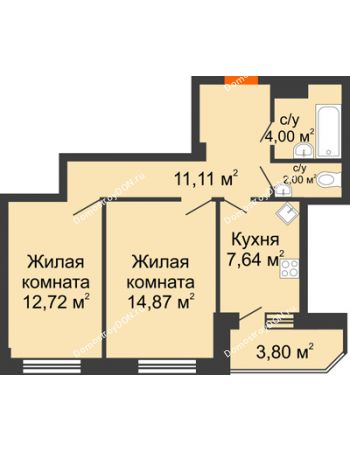2 комнатная квартира 56,14 м² в ЖК Горизонт, дом № 2