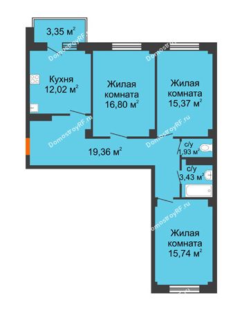 3 комнатная квартира 85,66 м² в ЖК Ясный, дом № 10