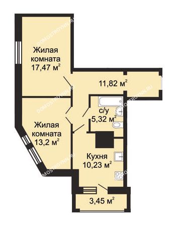 2 комнатная квартира 59,77 м² - ЖК Гелиос