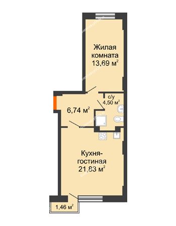 2 комнатная квартира 48,22 м² - ЖК Онегин