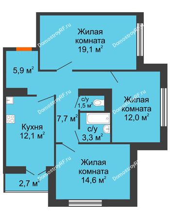 3 комнатная квартира 77,6 м² в ЖК По ул. Дорожная, дом Позиция 1