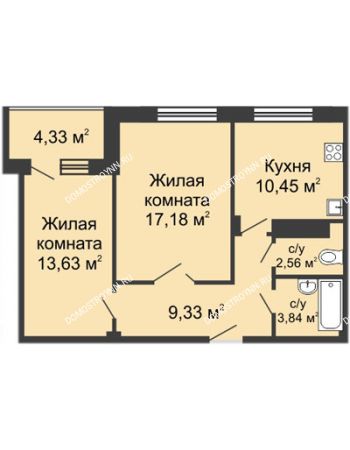 2 комнатная квартира 59,26 м² в ЖК Облака, дом № 1