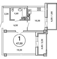 1 комнатная квартира 47 м² в ЖК Лебедь, дом № 50 - планировка