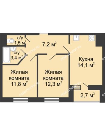 2 комнатная квартира 51,65 м² в ЖК Цветы, дом № 10