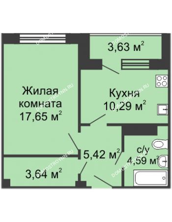 1 комнатная квартира 44,27 м² в ЖК Облака, дом № 1