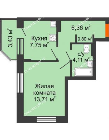 1 комнатная квартира 34,44 м² в ЖК Галактика, дом Секция Гамма