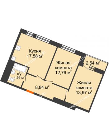 2 комнатная квартира 60,05 м² в ЖК Книги, дом № 2