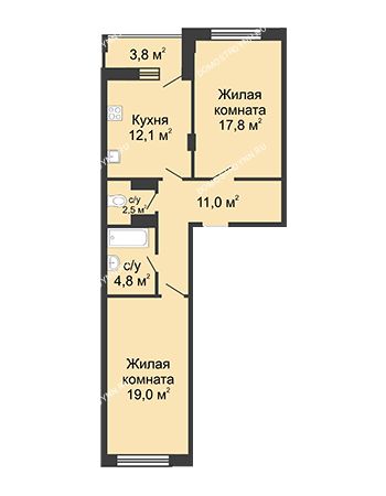 2 комнатная квартира 68,9 м² в ЖК Цветы, дом № 15