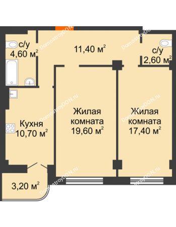 2 комнатная квартира 69,5 м² в ЖК Парк Островского 2, дом № 1