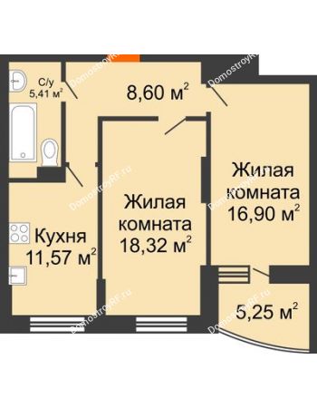 2 комнатная квартира 63,42 м² в ЖК Россинский парк, дом Литер 2