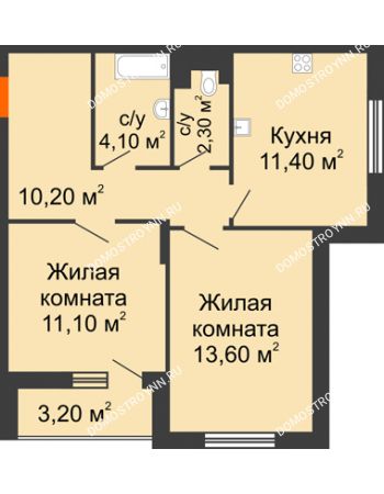 2 комнатная квартира 54,3 м² в ЖК Цветы, дом № 6-2