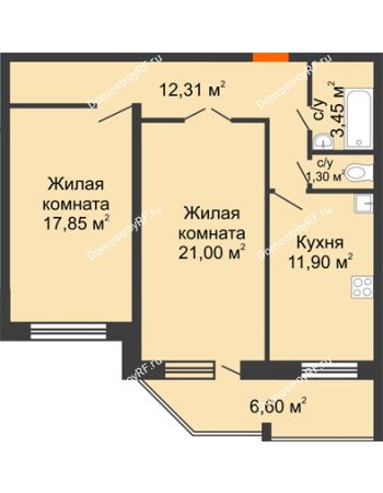 2 комнатная квартира 71,11 м² в ЖК NOVELLA	, дом № 5, секции 1,2