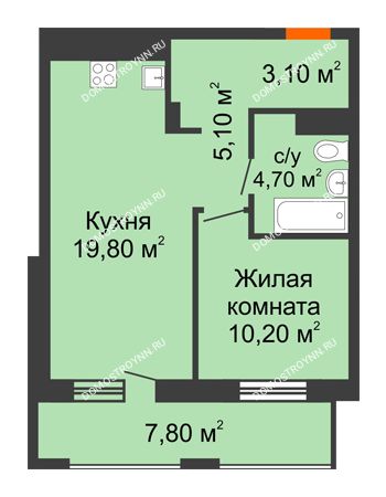 1 комнатная квартира 46,8 м² в ЖК Корица, дом № 1