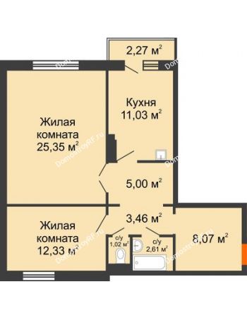 2 комнатная квартира 69,55 м² в ЖК Иннoкeнтьeвcкий, дом № 6