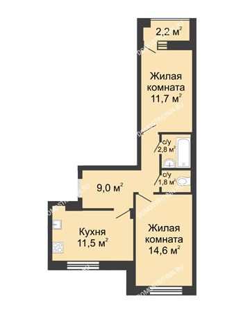 2 комнатная квартира 52,5 м² в ЖК Октава, дом № 4