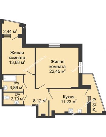 2 комнатная квартира 70,3 м² в ЖК Тихий Дон, дом № 1