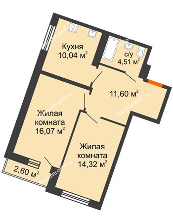 2 комнатная квартира 57,32 м² в ЖК Журавли, дом №2