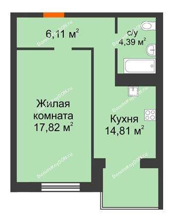 1 комнатная квартира 43,13 м² - ЖК Зеленый квартал 2
