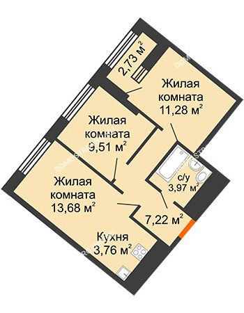 2 комнатная квартира 50,79 м² в ЖК Дом на Набережной, дом № 1