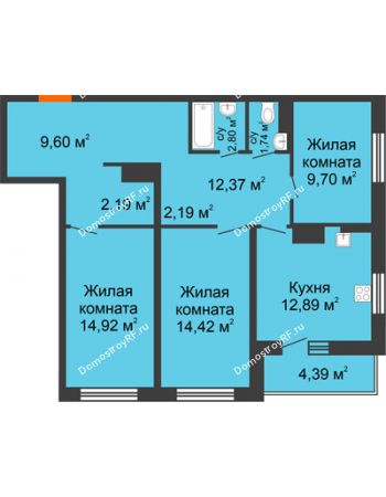 3 комнатная квартира 87,2 м² в ЖК Рассвет, дом № 7