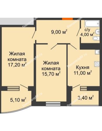2 комнатная квартира 61,2 м² в ЖК Дружный, дом Литер 2.3