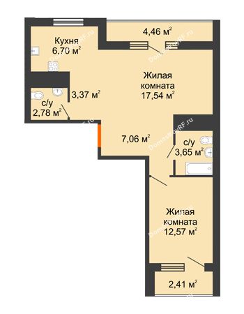 2 комнатная квартира 57,1 м² в ЖК Зеленодар, дом Литер 1