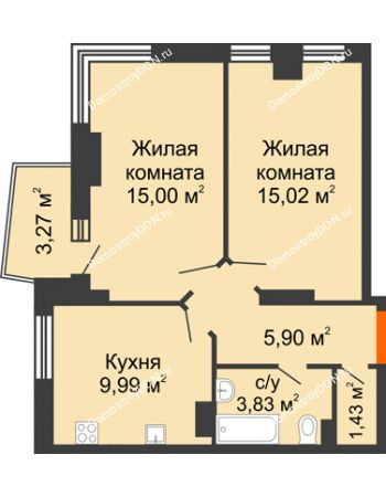 2 комнатная квартира 53,13 м² в ЖК Сердце Ростова 2, дом Литер 1