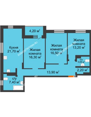 3 комнатная квартира 96,3 м² в ЖК Подкова на Цветочной, дом № 8