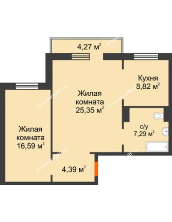 2 комнатная квартира 63,02 м² в ЖК Плодово-Ягодный, дом № 1