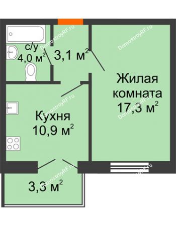 1 комнатная квартира 36,3 м² в ЖК Волна-1, дом 2 очередь (секция 3-2)