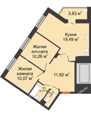 2 комнатная квартира 60,14 м² - ЖК Пушкин