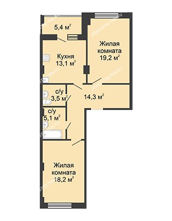 2 комнатная квартира 76,4 м² в ЖК Цветы, дом № 26
