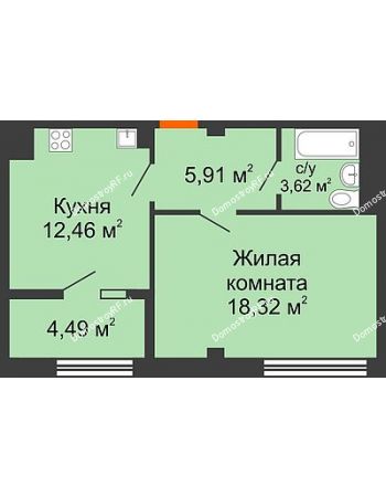 1 комнатная квартира 44,8 м² в ЖК Малахит, дом № 1
