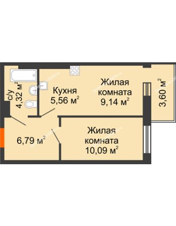 2 комнатная квартира 39,5 м² в ЖК Днепровская Роща, дом № 1